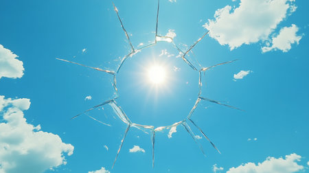 A Stunning View of a Bright Sunlight Breaking Through Cracked Glass with Blue Sky and Hopeful Vibesの素材