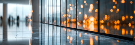 Elegant Reflection in Modern Architecture with Blurred People Walking and Soft Gold Bokeh Lightsの素材