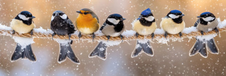 A Tranquil Winter Gathering of Colorful Birds Gracefully Perched on Snow-Dusted Branchesの素材