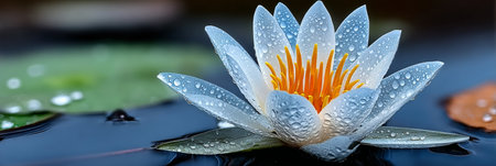 Delicate White Lotus Blossom Adorned with Glimmering Water Droplets Under Radiant Sunlight, Serenityの素材