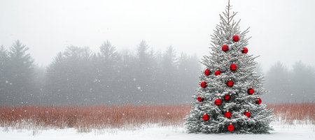 A Beautiful Snowy Winter Wonderland with a Decorated Christmas Tree Surrounded by a Serene Fieldの素材