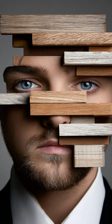 Intellectual Man with Covered Face Surrounded by Architectural Elements and Abstract Artistic Visionの素材