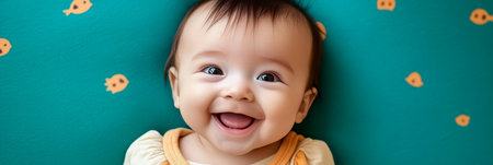 Adorable baby joy captured in a studio, smiling brightly and enjoying a delightful moment of fun.の素材