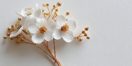 Elegant White Blossoms with Golden Flourishes for Stunning Invitations and Bridal Decorationsの素材