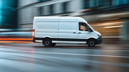 A Cargo Vehicle Speeding Through an Urban City Street in Daylight, Showcasing Modern Transportの素材