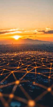 Global Network Technology Backdrop Connecting Points with Neon Glow in a Digital Landscape Designの素材