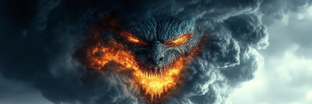 Nightmare Unleashed A Fiery Demon Roars Through Ominous Shadows and Impenetrable Dark Cloudsの素材