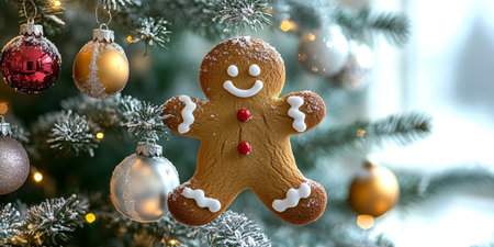 Cheerful Gingerbread Man with Bright Icing Smiling Amidst Colorful Christmas Decorations and Lightsの素材