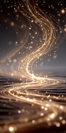 Golden Motion Blur Abstract Sparkles and Streak Lines Illuminating Dark Background in Ethereal Glowの素材