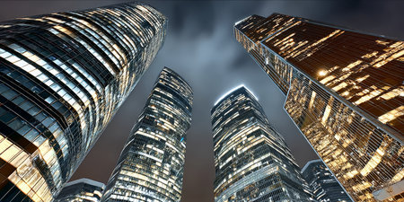 A Stunning Cityscape at Night Radiant Skyscrapers Illuminate the Urban Skyline with Vibrant Lightsの素材