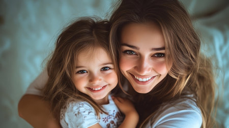 A joyful daughter embracing her mother with love, showcasing a beautiful family bond and happiness.の素材