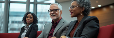 Candid Professional Group Photo of Diverse Team Collaborating on Sofa in Modern Office Settingの素材