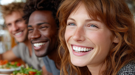Joyful and Diverse Group of Friends Gathering Together for a Delicious Lunch Celebration Outdoorsの素材