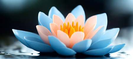 Delicate Lotus Flower in Pastel Shades of Blue, Orange, and Yellow, Reflecting on Calm Water Surfaceの素材