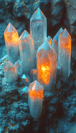Stunning Close-Up of a Mystical Crystal Cluster Glowing with Inner Light in a Dark Cave Environmentの素材