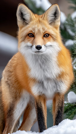 Majestic red fox in a serene winter forest, showcasing its beauty amidst the snowy landscape.の素材