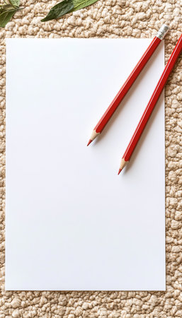 Close Up on an Empty White Sheet of Paper with Two Red Pencils on a Textured Rustic Backgroundの素材