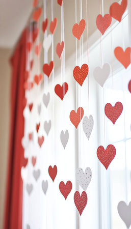 Romantic Valentine s Day Celebration with Red and White Heart Decorations for a Cozy Atmosphereの素材