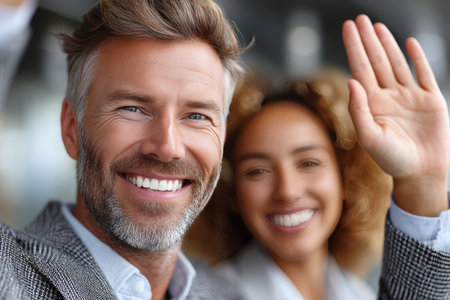 A diverse group of enthusiastic colleagues celebrating their success together with joy and teamworkの素材