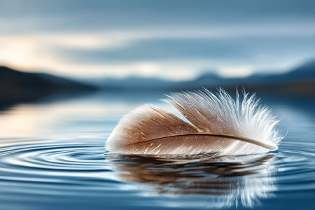 A Delicate Feather Floating Gracefully on Calm Lake Waters, Creating Subtle Ripples of Serenityの素材
