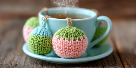 A Steaming Cup of Tea with Handmade Knitted Cozy Decorations for a Cozy Christmas Winter Moodの素材