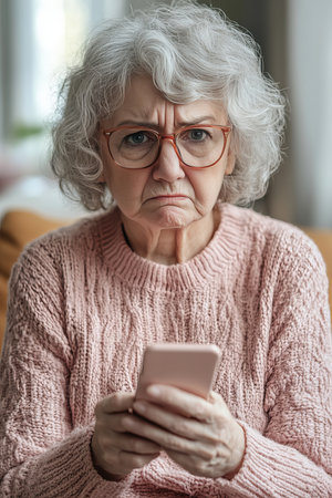 Frustrated Senior Woman in Pink Sweater Holding Smartphone with Puzzled Expression Indoorsの素材