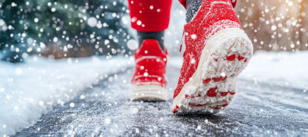 Closeup of Red Running Shoes on Snowy Pavement, Athlete in Leggings Exercising Outdoors in Winterの素材
