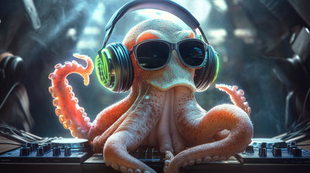 Colorful Underwater Party Scene with a DJ Octopus in Sunglasses Mixing Music for Sea Creaturesの素材