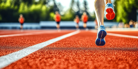 Dynamic Athletes Sprinting on Track at Sunrise, Capturing Motion Blur and Intense Training Energyの素材
