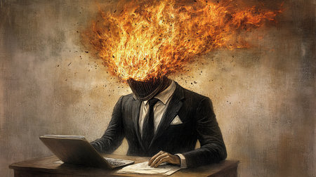 Burnout Portrait Under Stress in Business Struggles with Crisis, Exhaustion, and Office Problemsの素材