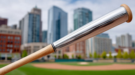Baseball Bat Silhouetted Against an Urban Skyline, Ideal for Sports and Recreation Imageryの素材