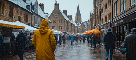 Snowy Marketday in Historic City with Pedestrians, Shops, Umbrellas, and Yellow Coats in Englandの素材