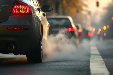 Car Exhaust Emitting Thick Vapor into Busy City Street, Causing Urban Pollution and Traffic Issuesの素材