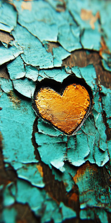 Turquoise Cracking Paint Art with Peeling Heart Shape, Ideal for Creative Valentine Cards Designの素材