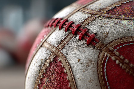 Close-Up Macro Image of a Weathered Basketball Ball Showing Red Textured Stitches and Detailsの素材