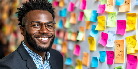 African American Visionary Engaged in Innovative Enterprise Solutions with Strategic Planning Notesの素材