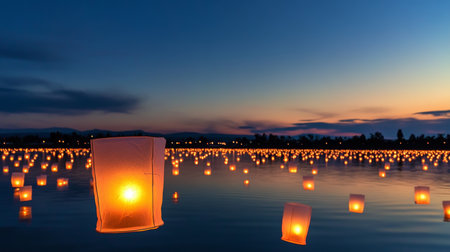 Floating lanterns illuminate a calm lake at sunset during a vibrant festival celebration.の素材