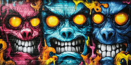Vibrant Urban Street Art Colorful Graffiti Faces with Intense Expressions and Daring Designsの素材