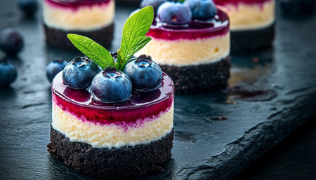 Deliciously Elegant Mini Cheesecakes with Fresh Blueberries and Glaze for Tempting Dessert Displayの素材