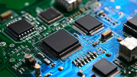 Close Up of an Electronic Motherboard with Microcircuitry for Advanced Technology Developmentの素材
