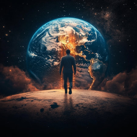 Silhouette of a Man Contemplating His Journey Across Earth, Illuminated by a Global Network Mapの素材