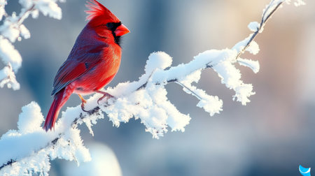 A Male Northern Cardinal Bird Sitting Serenely on a Snowy Branch in Winter s Chilling Environmentの素材