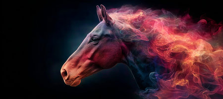Vibrant and Dynamic Equine Artwork Featuring a Fiery Mane Against a Striking Background for Printsの素材