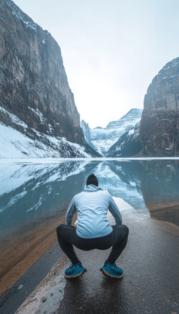 Man Preparing for a Winter Run Adventure near a Glacier Lake while Exercising in a Squat Positionの素材