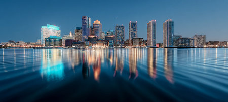 A Stunning Night View of the Illuminated Waterfront with City Lights Reflecting on the Bayの素材