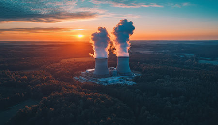 Stunning Sunset Over Nuclear Power Plant with Cooling Towers Silhouetted Against Vibrant Skyの素材