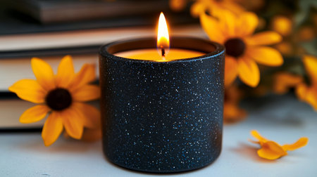 Charming Still Life Composition Featuring Black Candle, Yellow Flowers, and Vintage Books on Tableの素材