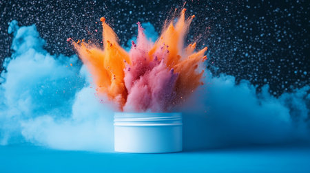 A Dynamic Burst of Vibrant Orange and Pink Powder Colors Exploding from a White Containerの素材