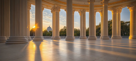 Elegant Capitol Architecture with Stunning Columns and Sunlit Arcade Evoking Classical Grandeurの素材