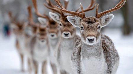 Majestic Deer Grazing Gracefully in a Serene Snowy Meadow with a Peaceful Herd of Wild Animalsの素材